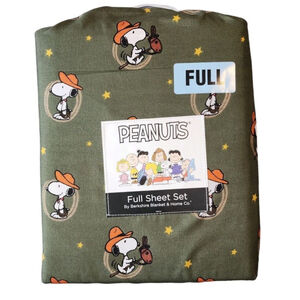 4 Pc PEANUTS Snoopy Cowboy Full SHEET SET By Berkshire Super Soft Dark Green NEW